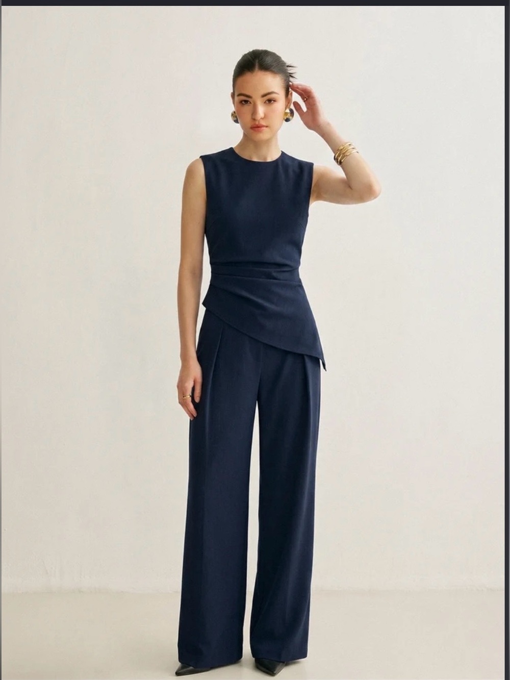 Commense Navy Sleeveless Asymmetric Top & Wide-Leg Pants Set